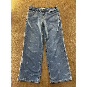 Love Soho Women Blue Embroidered Bow Wide Leg Jeans Size 9 High Rise Denim